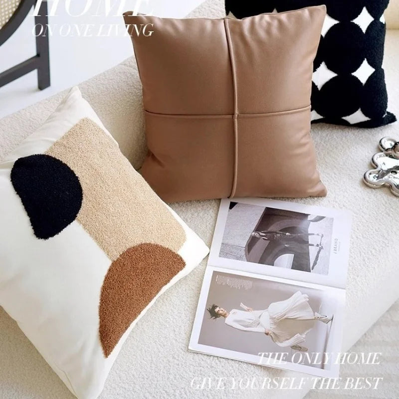 taies d'oreiller patchwork contemporain coussin carré blanc noir marron géométrique arrondi non toxique respectueux