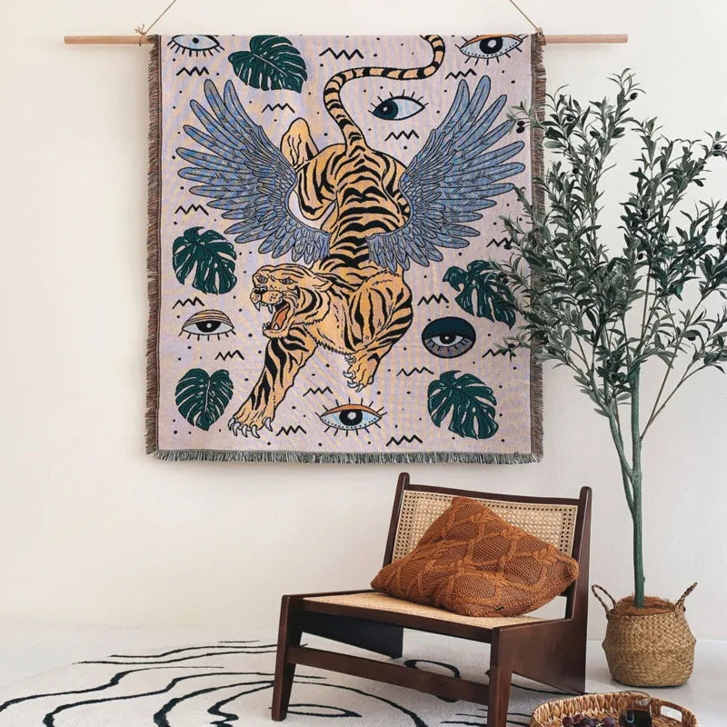 couverture pique nique tigre moderne motif monstera coton gris orange noir vert