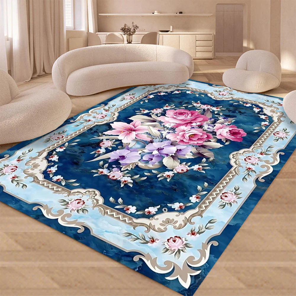 tapis floral baroque orné bleu blanc doré rose violet classique moderne chambre salon extérieur