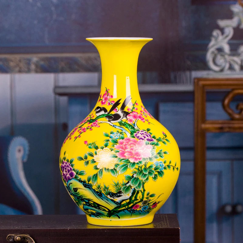 vase porcelaine traditionnel fleurs oiseaux jaune rouge bleu maison