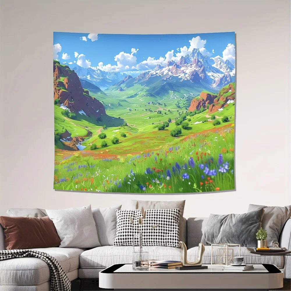 tapisserie paysage montagneux impression numérique polyester décoration murale chambre salon moderne vert bleu blanc
