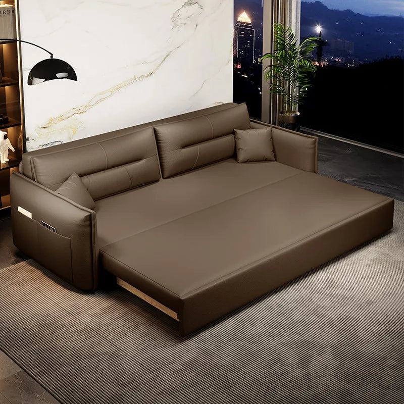 canapé lit moderne marron clair simili cuir scandinave confortable coussins salon maison
