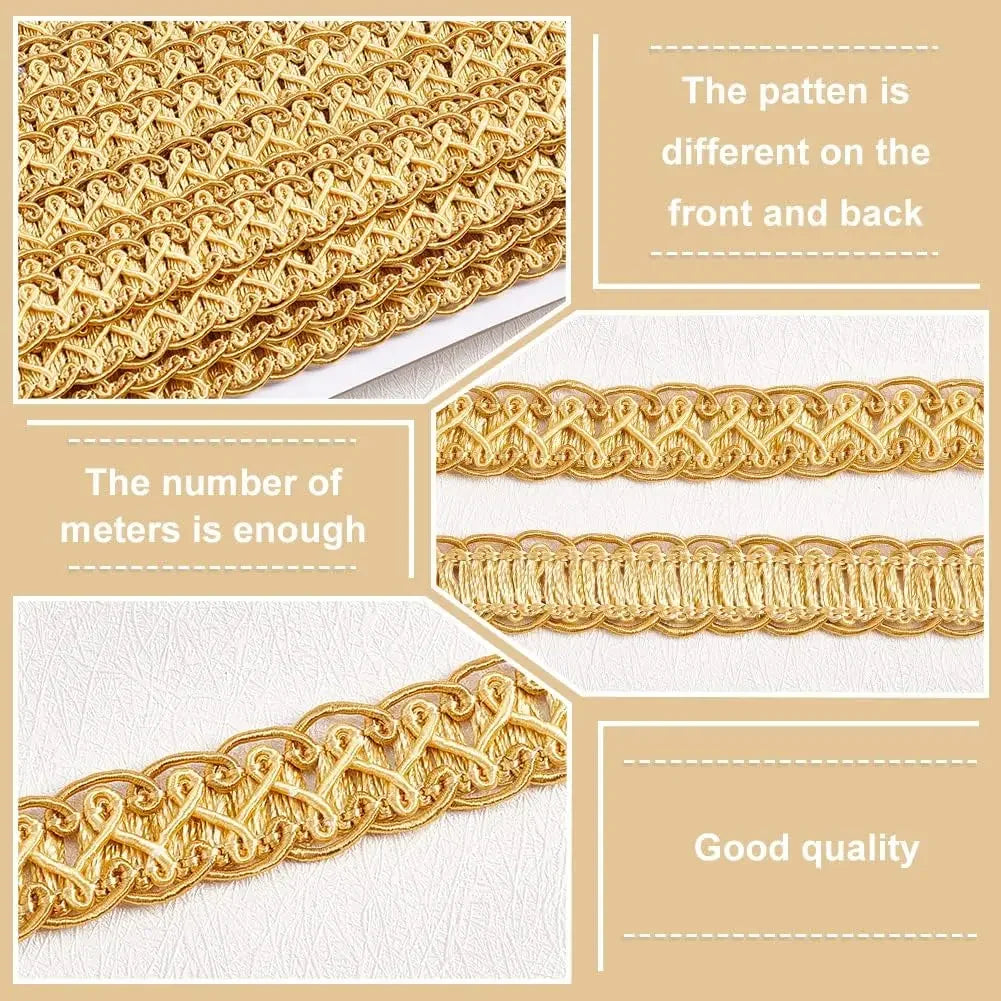 ruban tressé polyester doré tissage géométrique texturé 15mm large 12m longueur