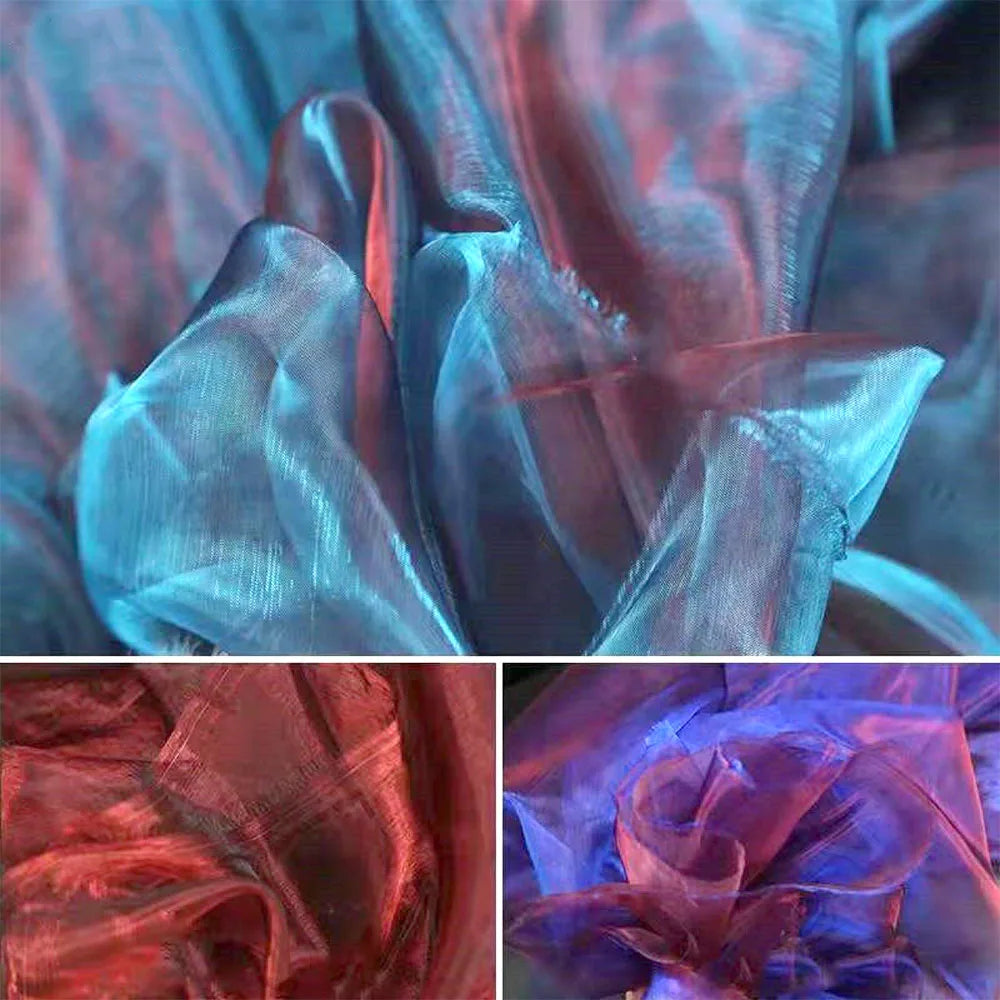 tissu gaze organza bicolore bleu rouge moderne mariage translucide rayures