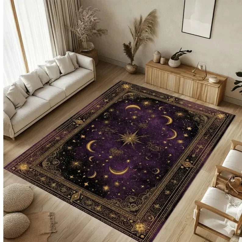 tapis violet étoiles lune motifs floraux bordure ornée classique vintage salon chambre deco polyester