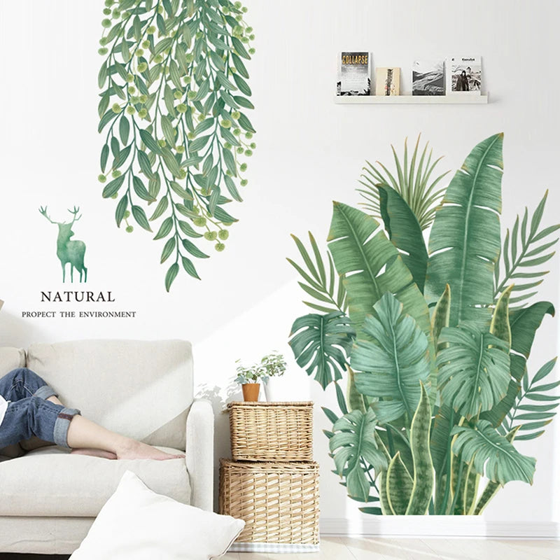 sticker mural décoration feuilles plantes tropicales aquarelle naturel moderne 30x90cm