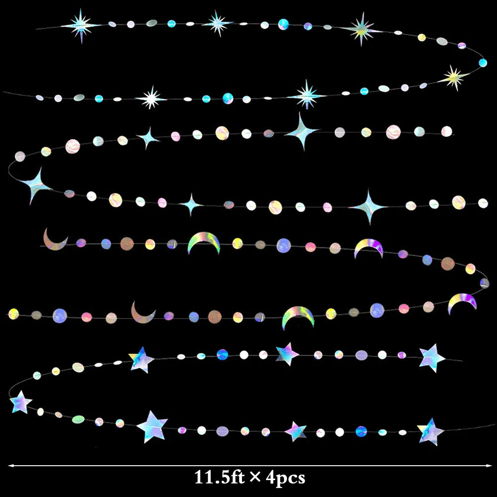 guirlande décorative festif étoiles lunes cercles iridescent mariage anniversaire eid mubarak holographique brillant
