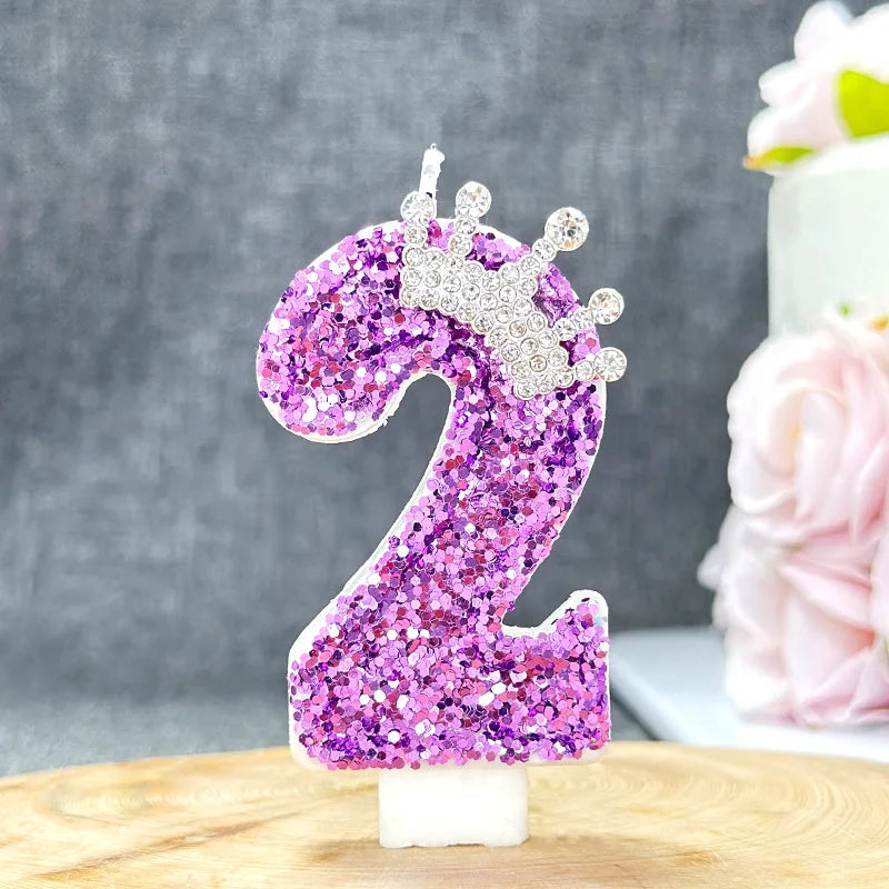bougies anniversaire chiffre violet paillettes décoratives brillantes tringle fixations transparentes
