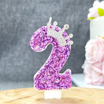 bougies anniversaire chiffre violet paillettes décoratives brillantes tringle fixations transparentes