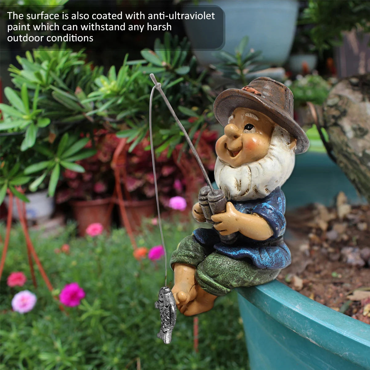 statue gnome pêcheur résine beige marron bleu vert gris argenté canne poisson décoration jardinextérieur