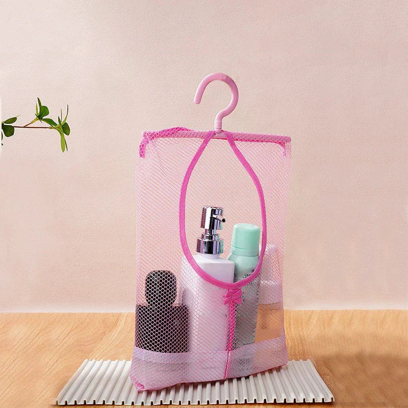 sac rangement suspendu filet transparent rose bleu blanc multiple poches cosmétique toile