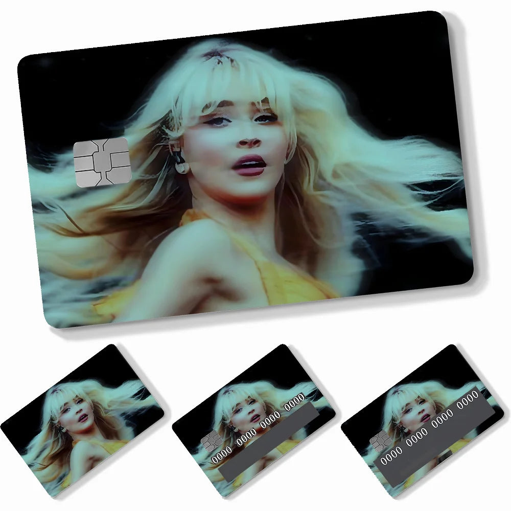 autocollants carte crédit sabrina carpenter adhésifs personnalisables moderne bleu clair noir doré imprimé maillot
