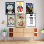 Affiche murale représentant divers thèmes optométriques et liés au vin, créant un aménagement intérieur rétro et graphique.