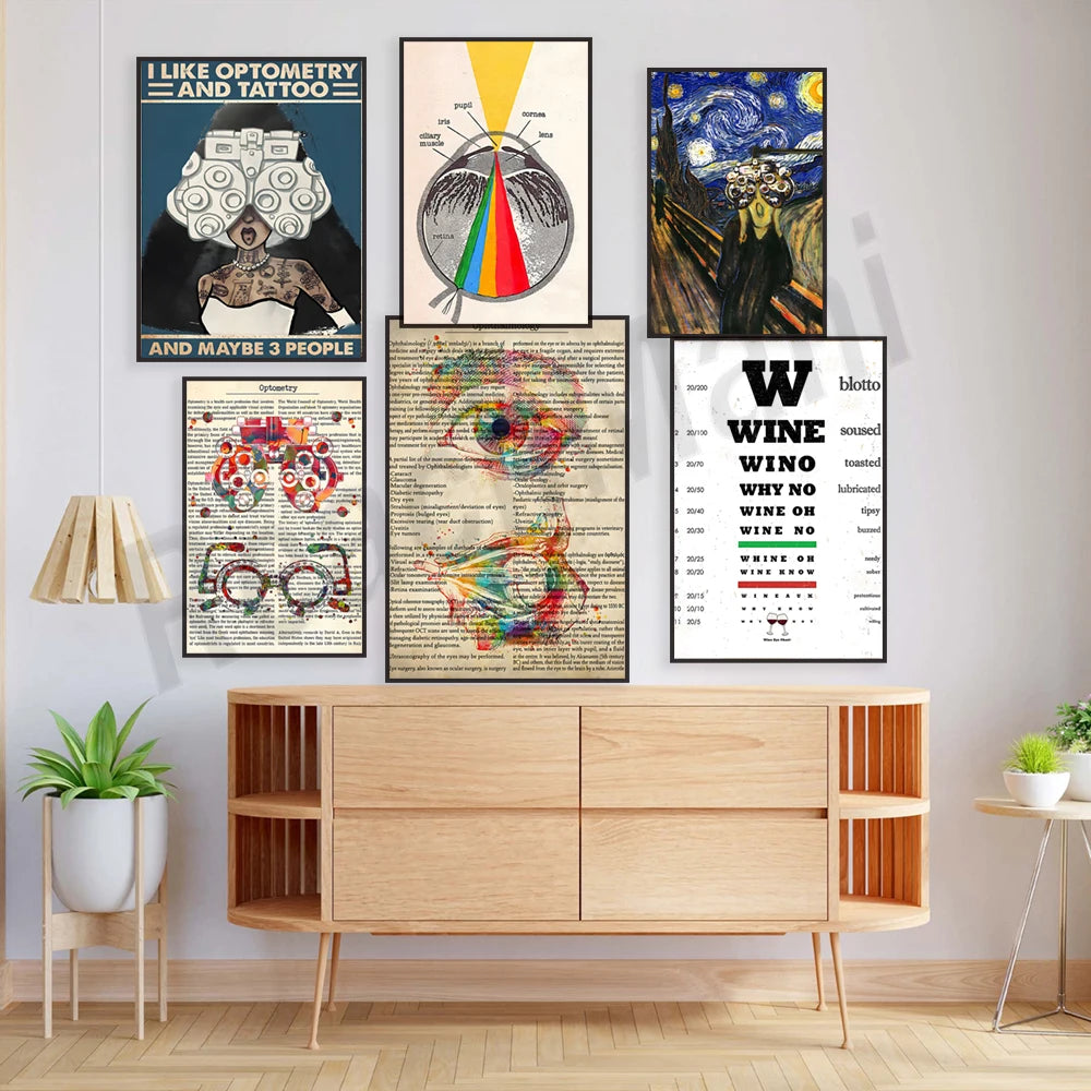 Affiche murale représentant divers thèmes optométriques et liés au vin, créant un aménagement intérieur rétro et graphique.