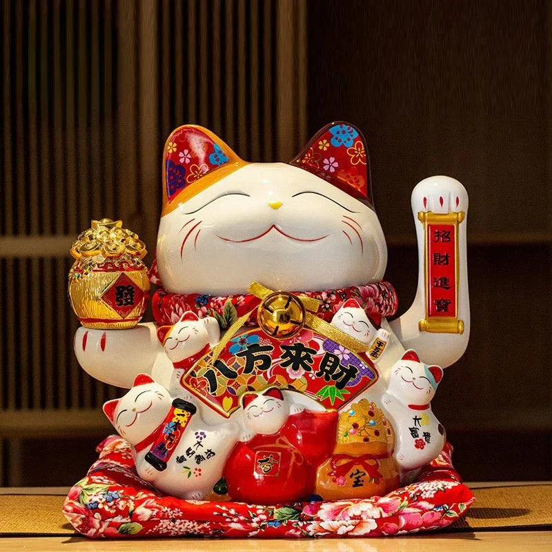 statue chat porte bonheur fleurs chinoises blanc rouge or artisanal décoration