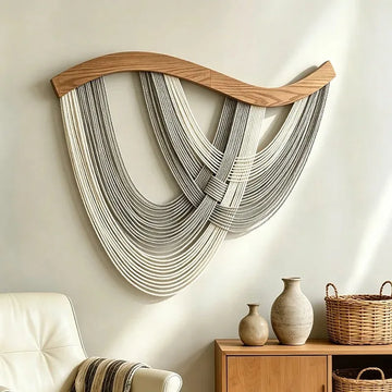 tapisserie murale décorative tissée main motifs géométriques blanc gris beige orange vert moderne 80x60cm