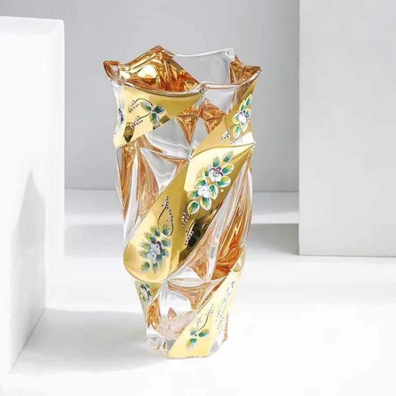 Vase décoratif moderne transparent torsadé motifs floraux dorés élégants handcrafted