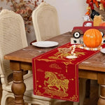 table cuisine rouge dorée motif chinois chevaux fleurs nouvelle année festive