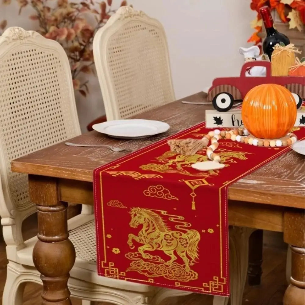 table cuisine rouge dorée motif chinois chevaux fleurs nouvelle année festive