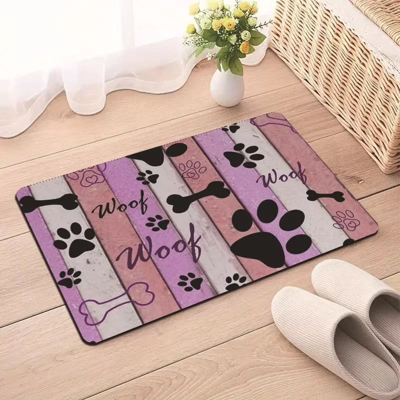 tapis absorbant antidérapant animaux violet bleu noir motif patte chien woof os floral