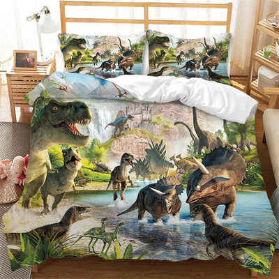 Housse de couette dinosaure 3D bleue sur lit d'ado