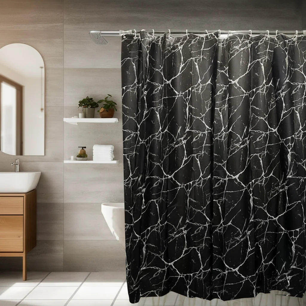 rideau douche moderne veines marbre noir opacité respectueux environnement crochets plastique