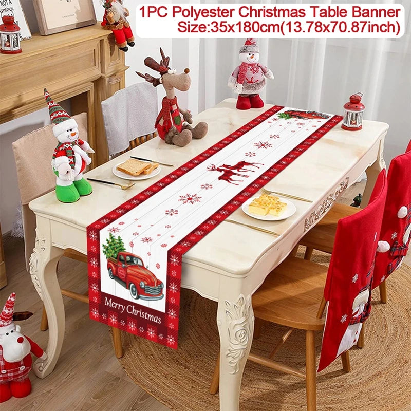 table noel chemin rouge blanc sapins flocons guirlandes decorations festive