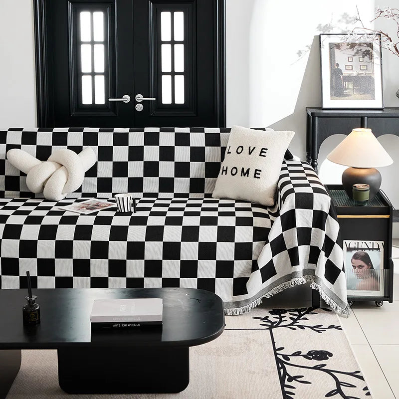 housse canapé moderne carreaux géométriques noir blanc vert olive coton polyester extérieur accueil