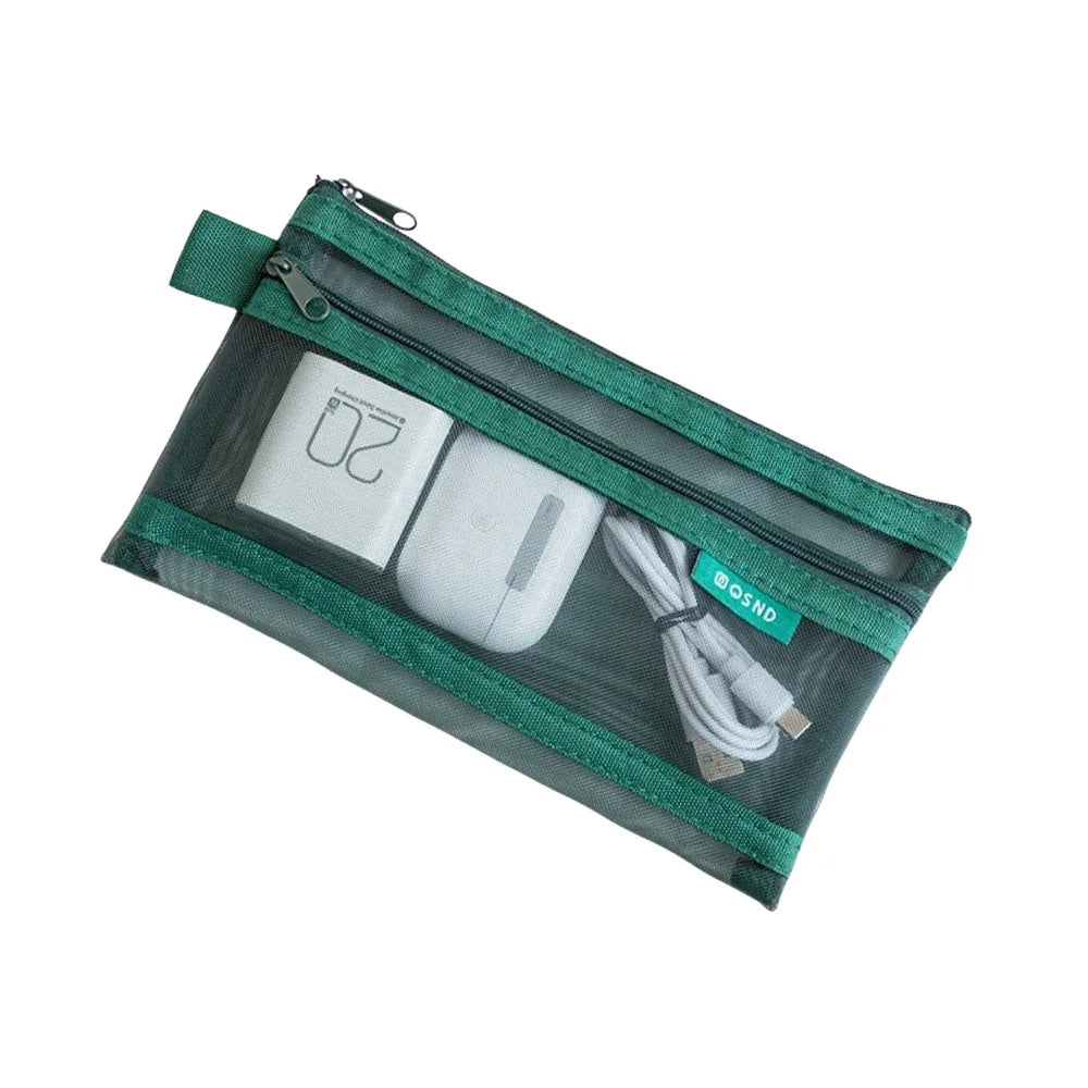 sac main vert maille moderne fermeture eclaire rangement chargeur cable boite données