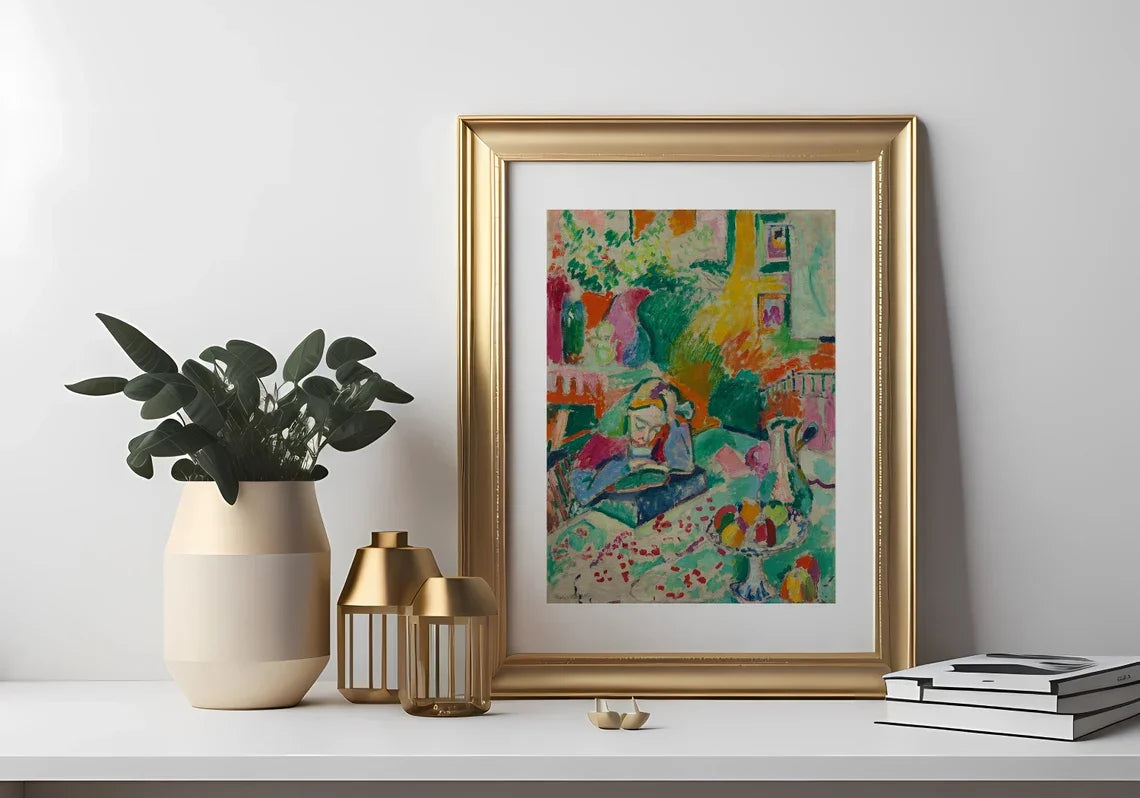 tableau moderne expressionniste abstrait jaune vert noir peinture intérieure décoration maison personnage livres plante