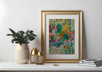 tableau moderne expressionniste abstrait jaune vert noir peinture intérieure décoration maison personnage livres plante