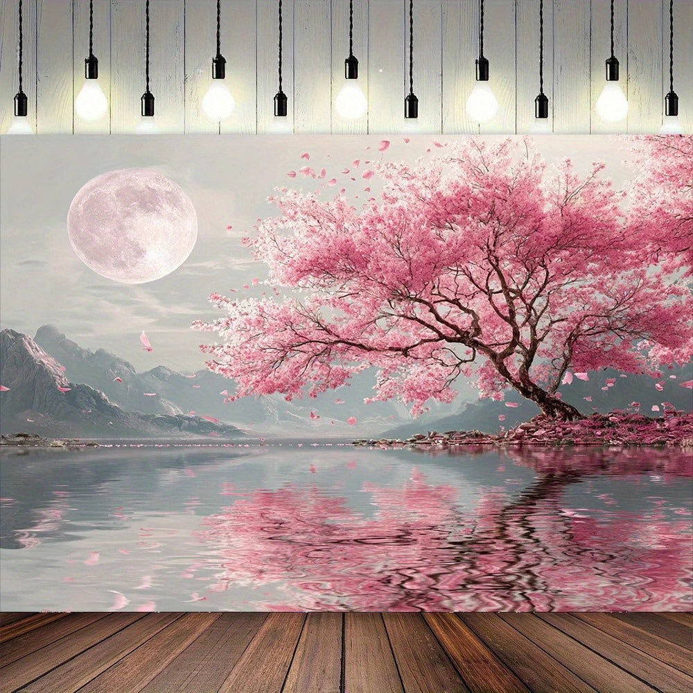 toile d'art paysagère opaque réaliste arbre fleuri montagnes lune eau canapé coussins tapis salon