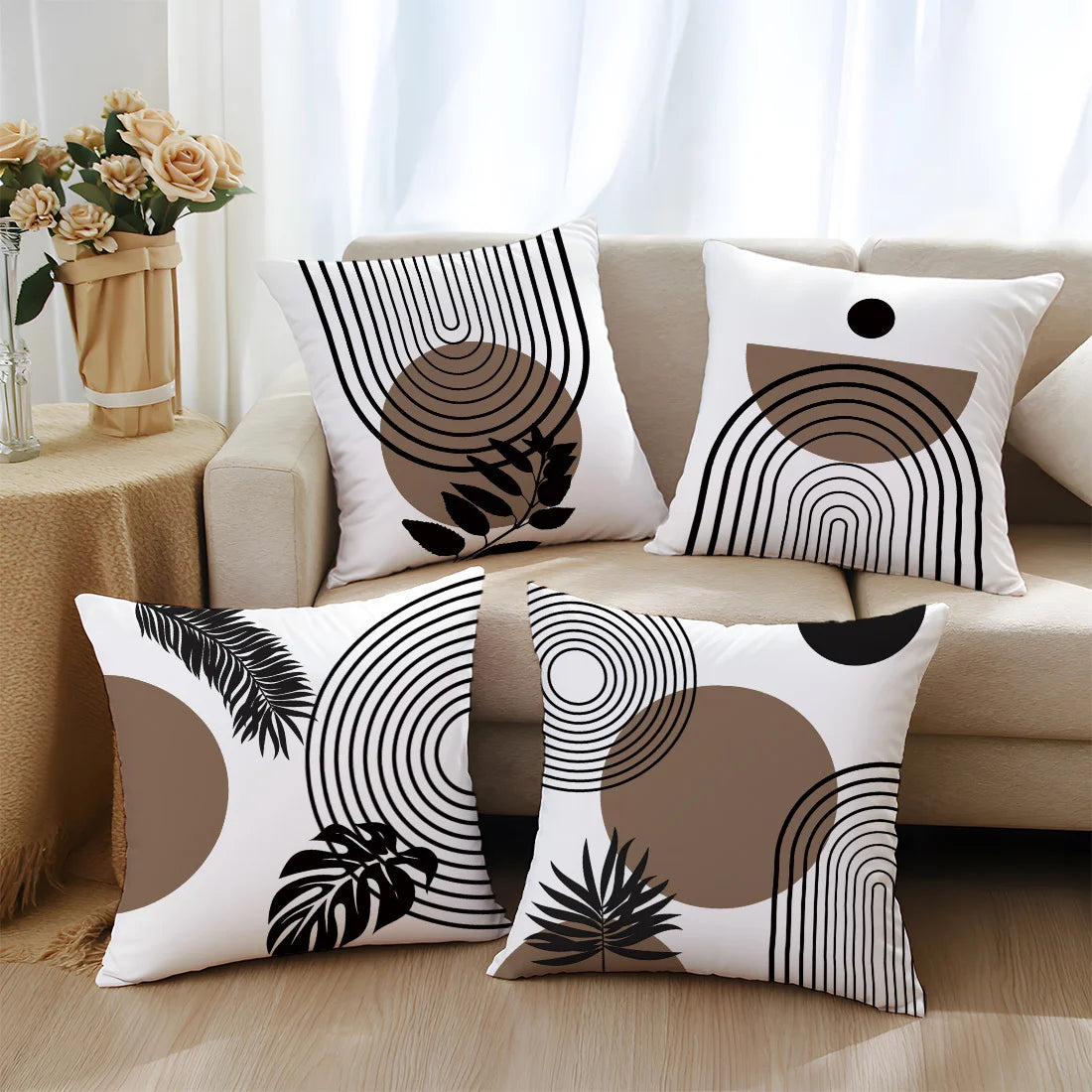 taies d'oreiller polyester motifs géométriques feuilles moderne blanc marron noir opaques canapé lit 40x40cm