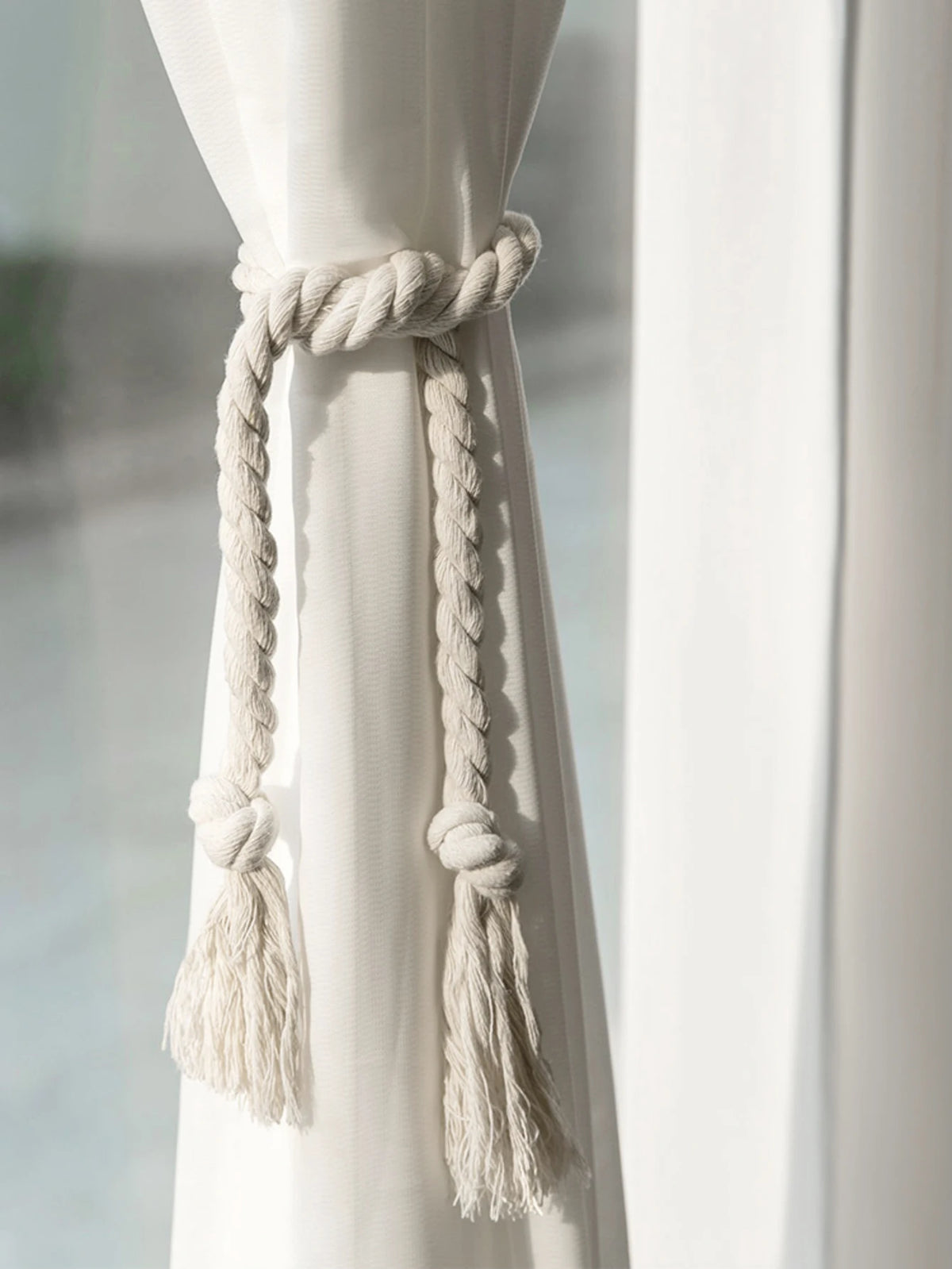 corde décorative rideau tieback blanc tissé rustique 80cm boucles pomponsextérieur