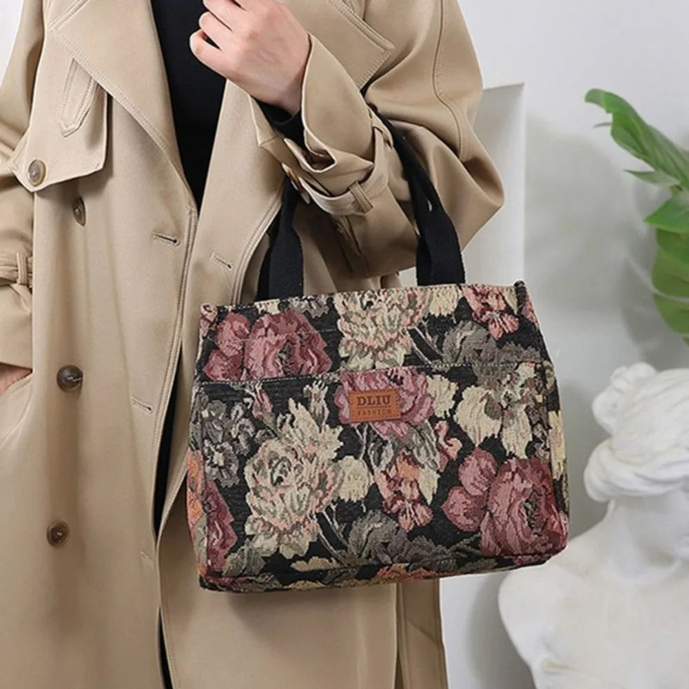 sac main femme toile imprimé floral poignées détachables vintage beige bleu vert