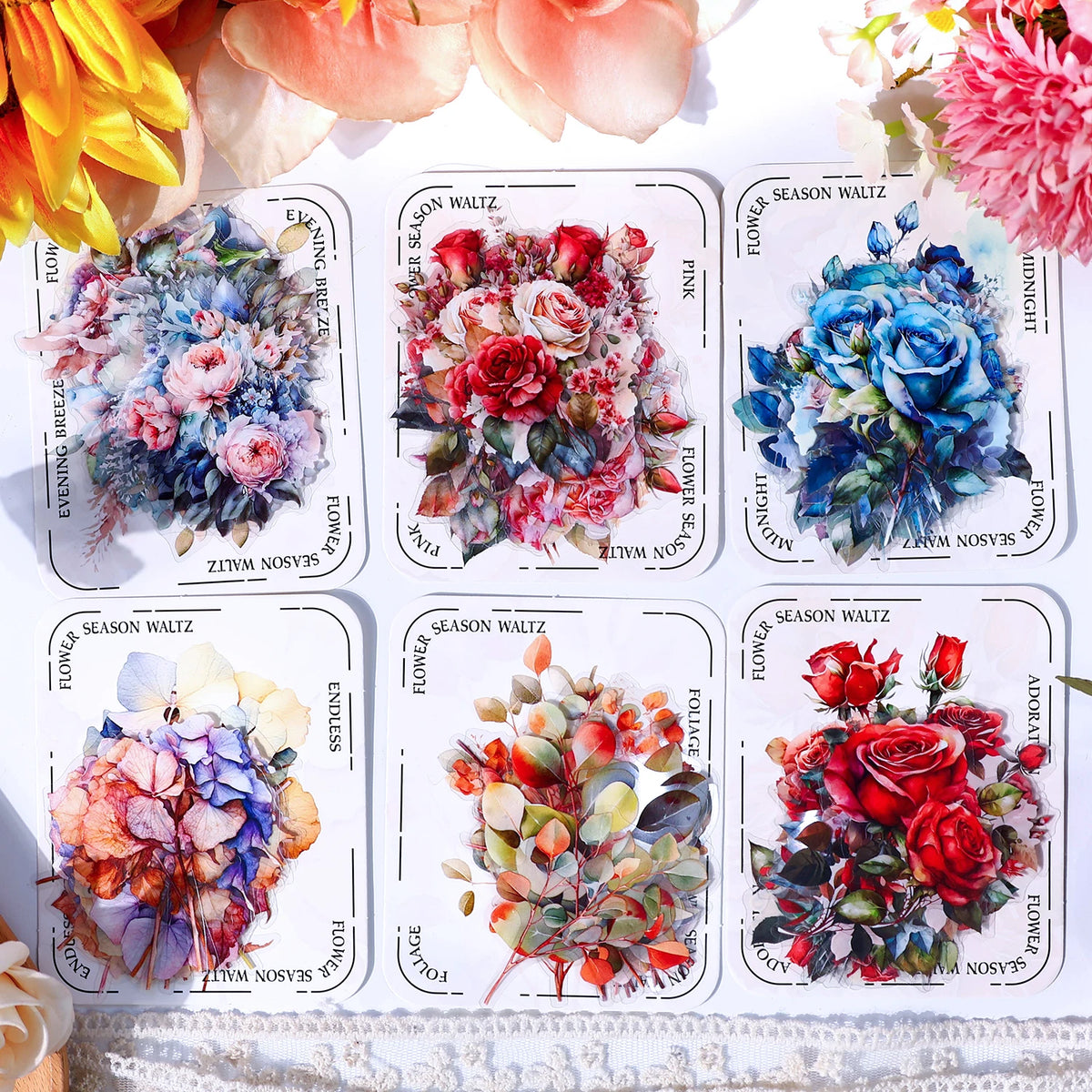 stickers décoratifs floraux roses fleurs sauvages eucalyptus illustration art floral vintage bleu blanc vert
