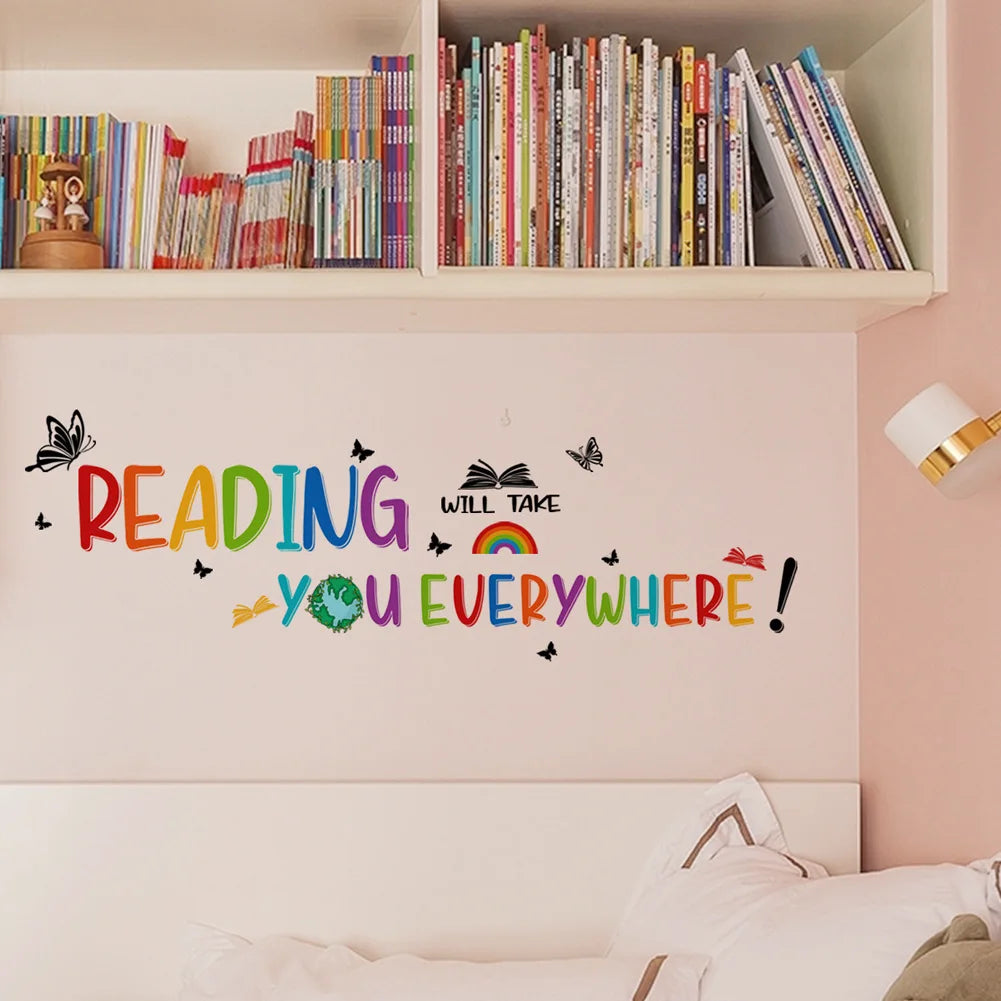 autocollant mural enfantin phrases inspirantes livres arcs ciel papillons adhésif decoratif chambre education motivation
