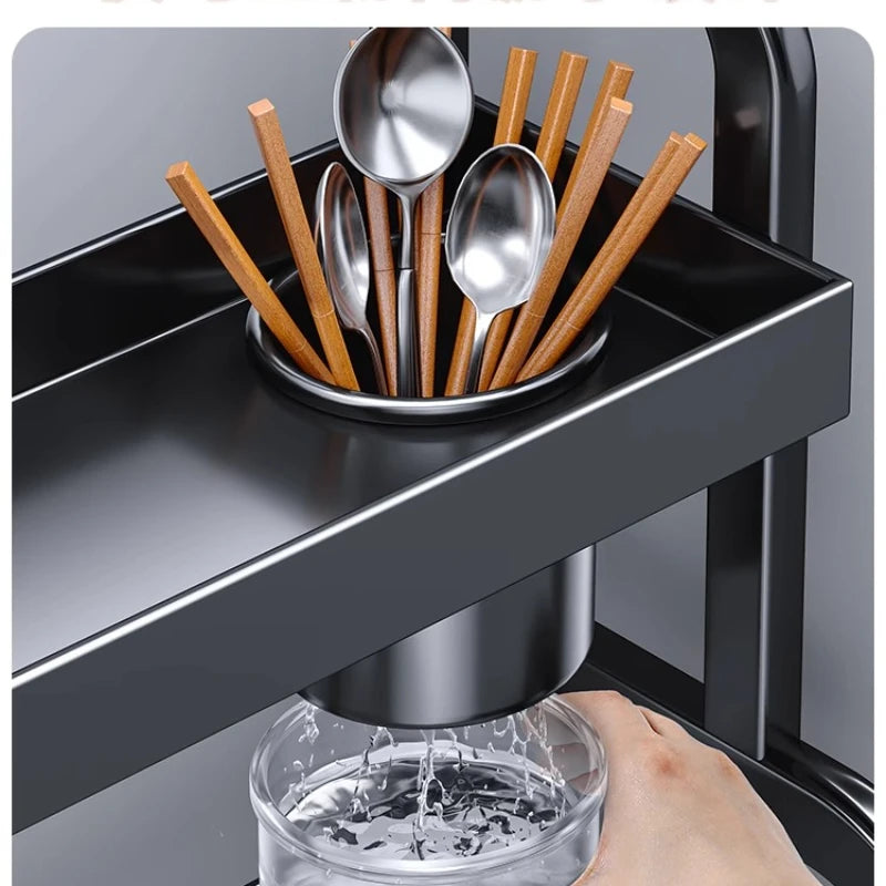 support vaisselle moderne multifonction noir transparent assiettes cuillères fourchettes porte verres bouteilles condiments organisateur