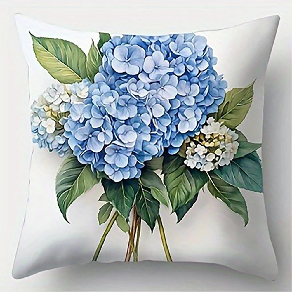 housse coussin fleurs hydrangeas bleu blanc vert classique 45x45cm zipper cache