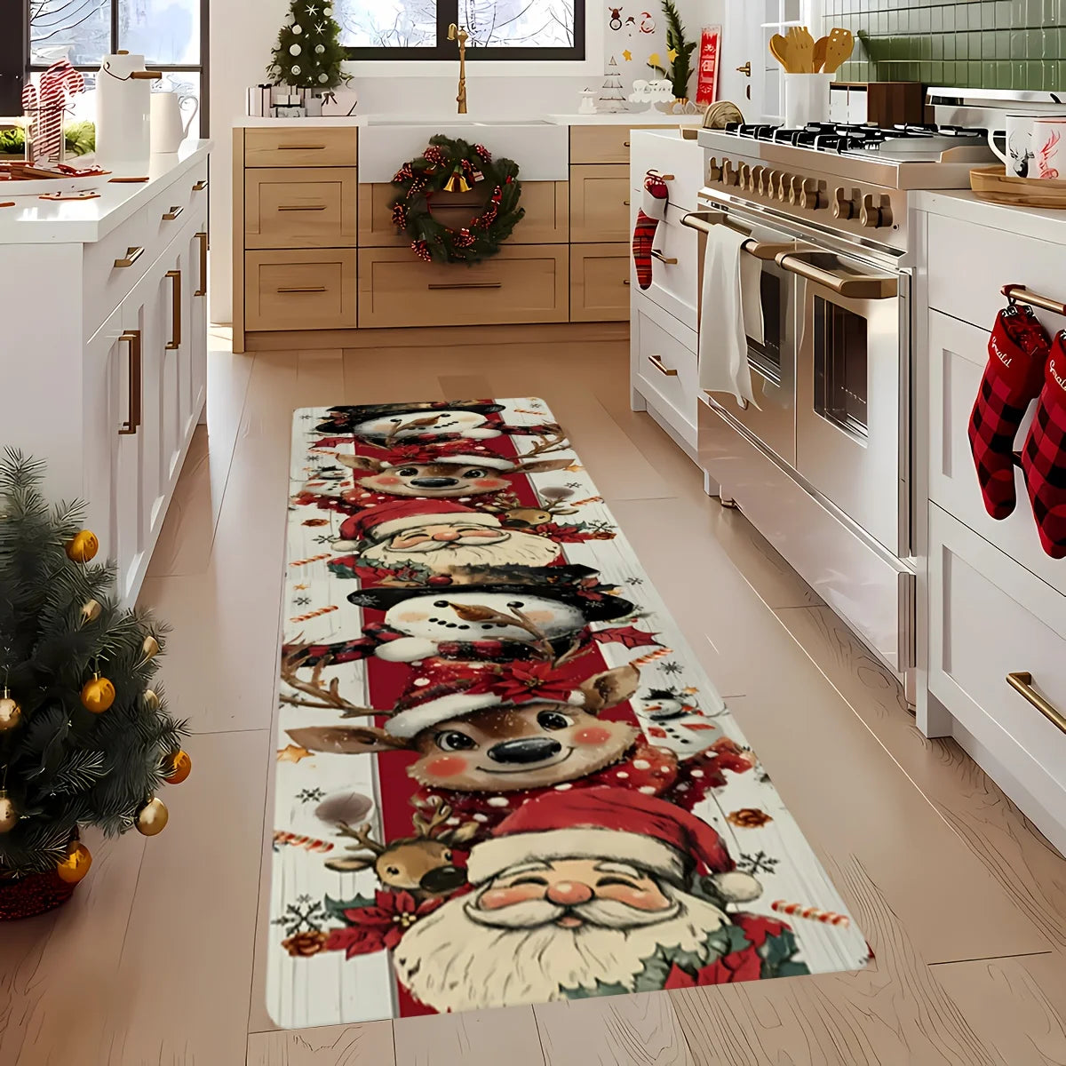 tapis noël rouge santa rennes flocons décoration intérieure imperméable polyester multicolore festive