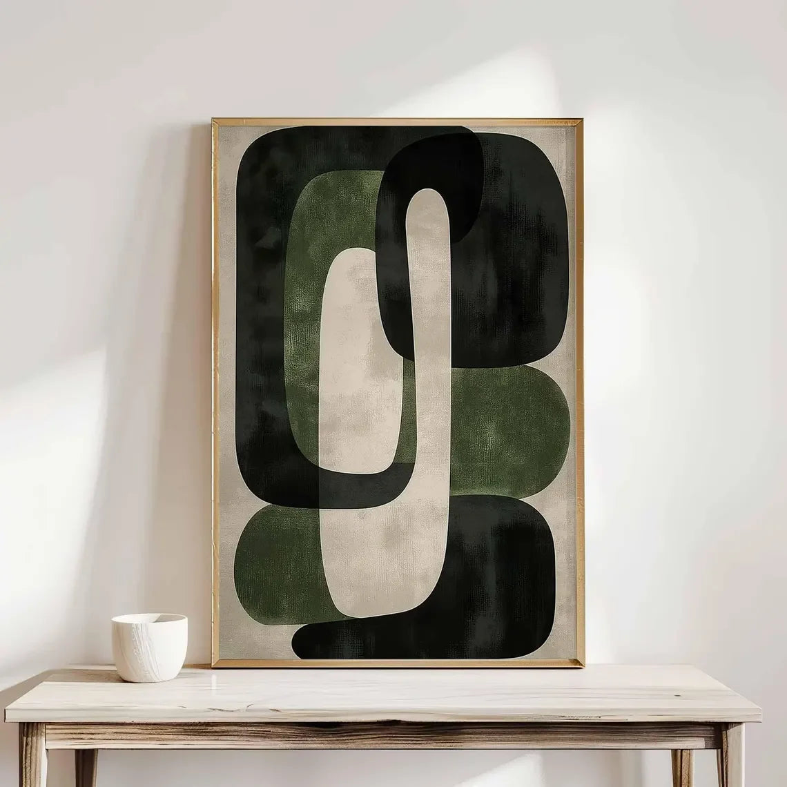tableau toile abstrait moderne vert noir beige cadre bois décoration murale salon chambre minimaliste