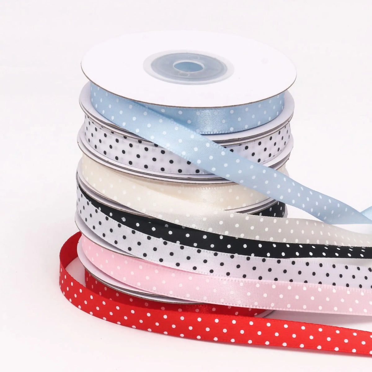 ruban polyester largeur 10mm pois blancs noir blanc rouge bleu clair unique opacité décoration