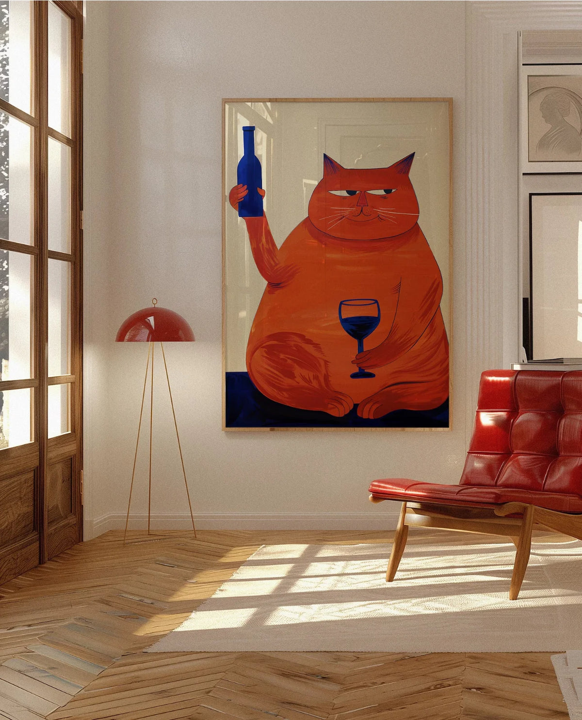 affiche murale illustration chat vin couleur or bleu noire blanche moderne