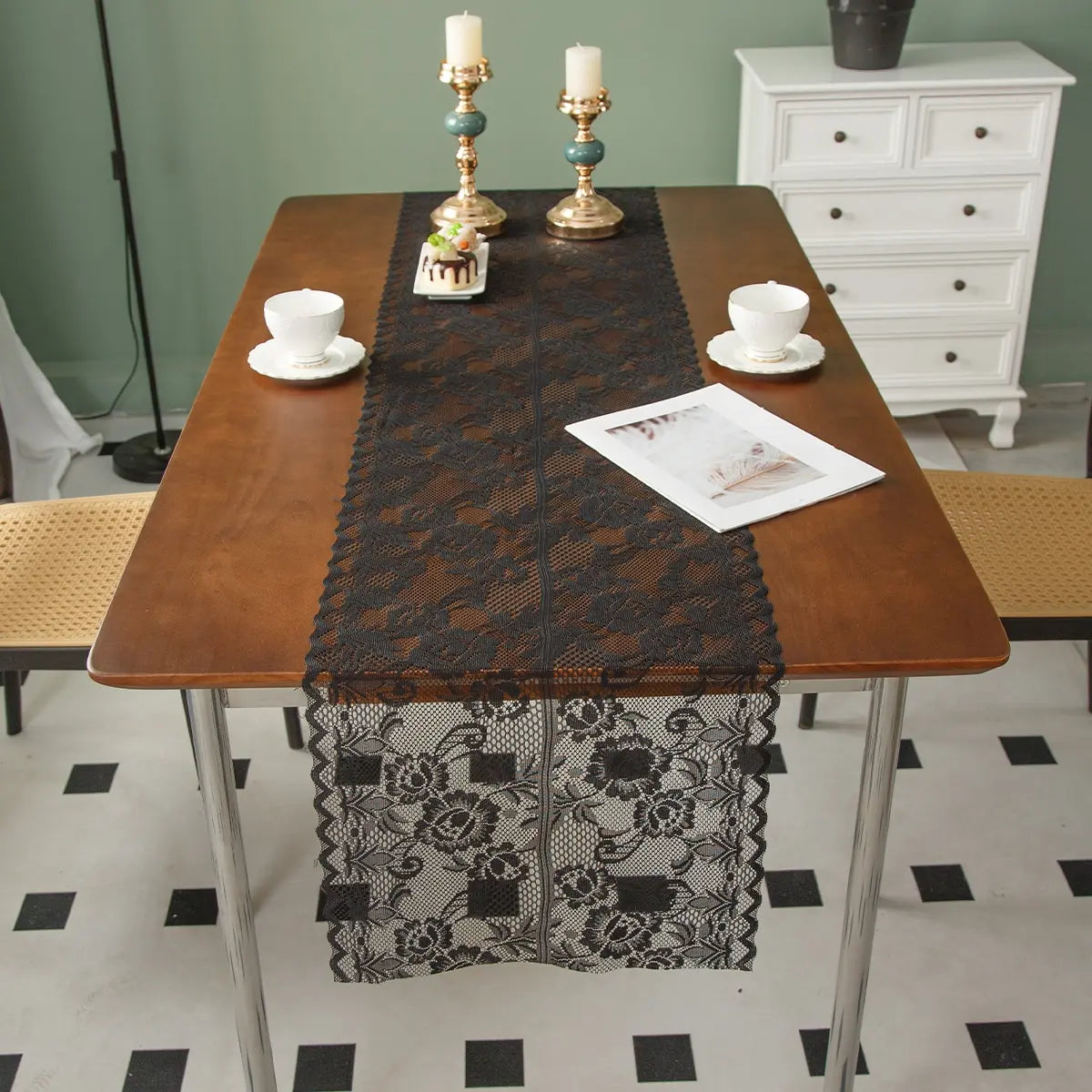 table dinette chemin table dentelle fleur motif floral transparent vintage polyester noir