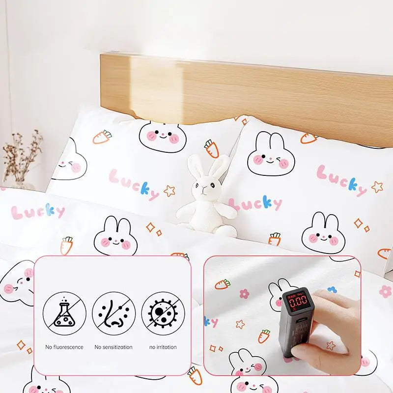 ensemble literie jetable lapins stylisés couverture taies oreiller blanc rose jaune enfants portable voyage