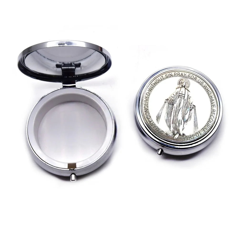 miroir compact argenté bleu doré violet rose religieux classique vierge marie texte