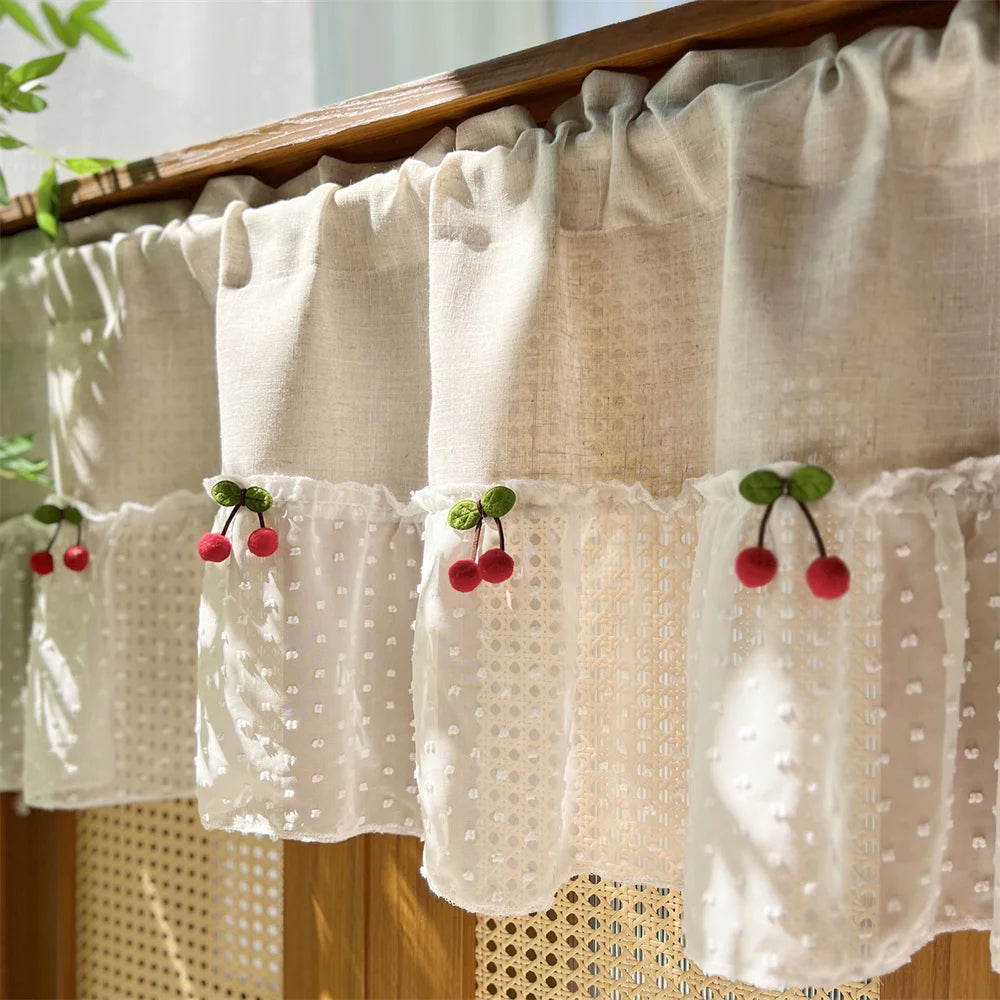 rideau blanc pois cerises relief polyester translucide decoratif rustique cuisine chambre fenetre