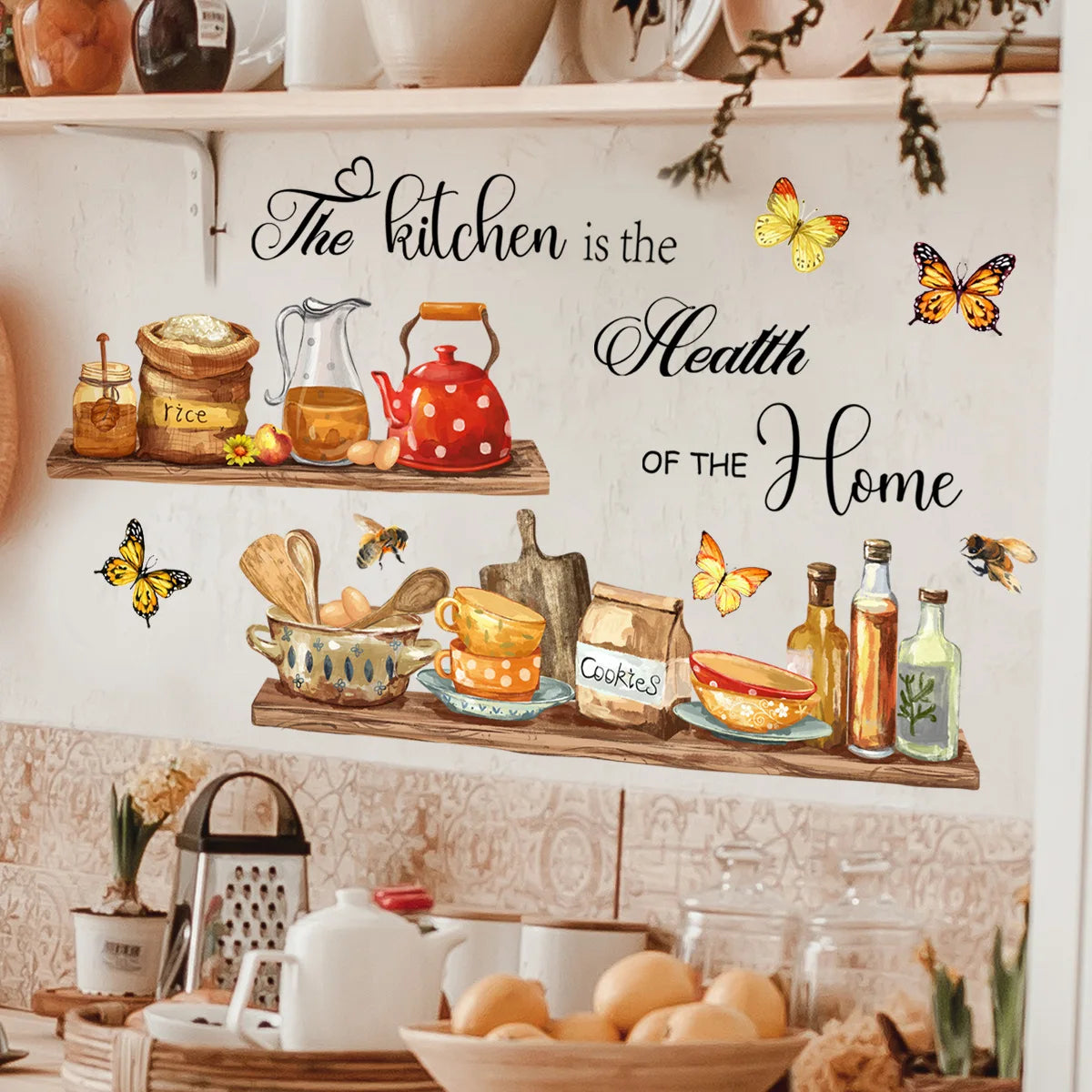 sticker mural cuisine multicolore ustensiles aliments papillons adhésif illustration réaliste maison