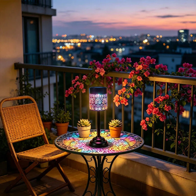lampe solaire moderne motif floral noir multicolore intérieur extérieur décoration festive jardin patio