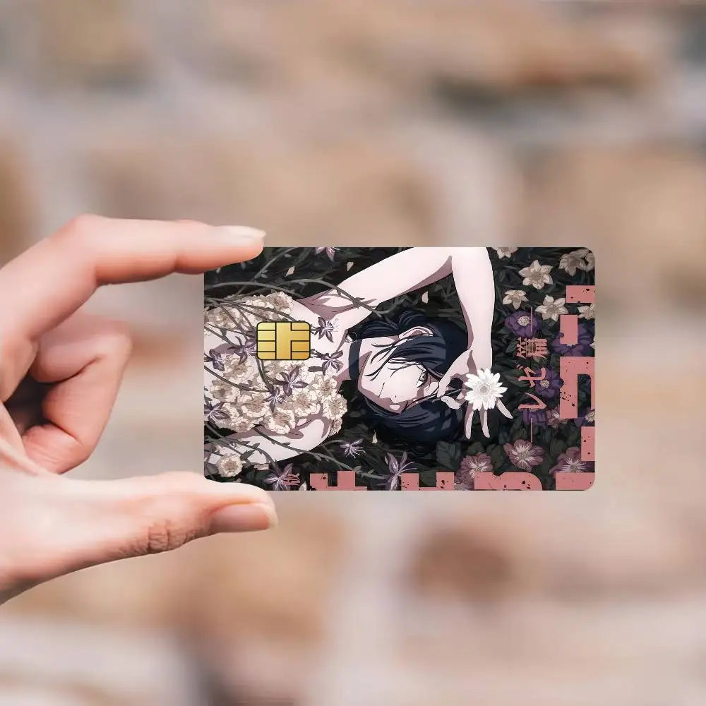 cartes bancaires étanches résistantes adhésives illustration anime personnages fond floral multicolore jaune brun vert